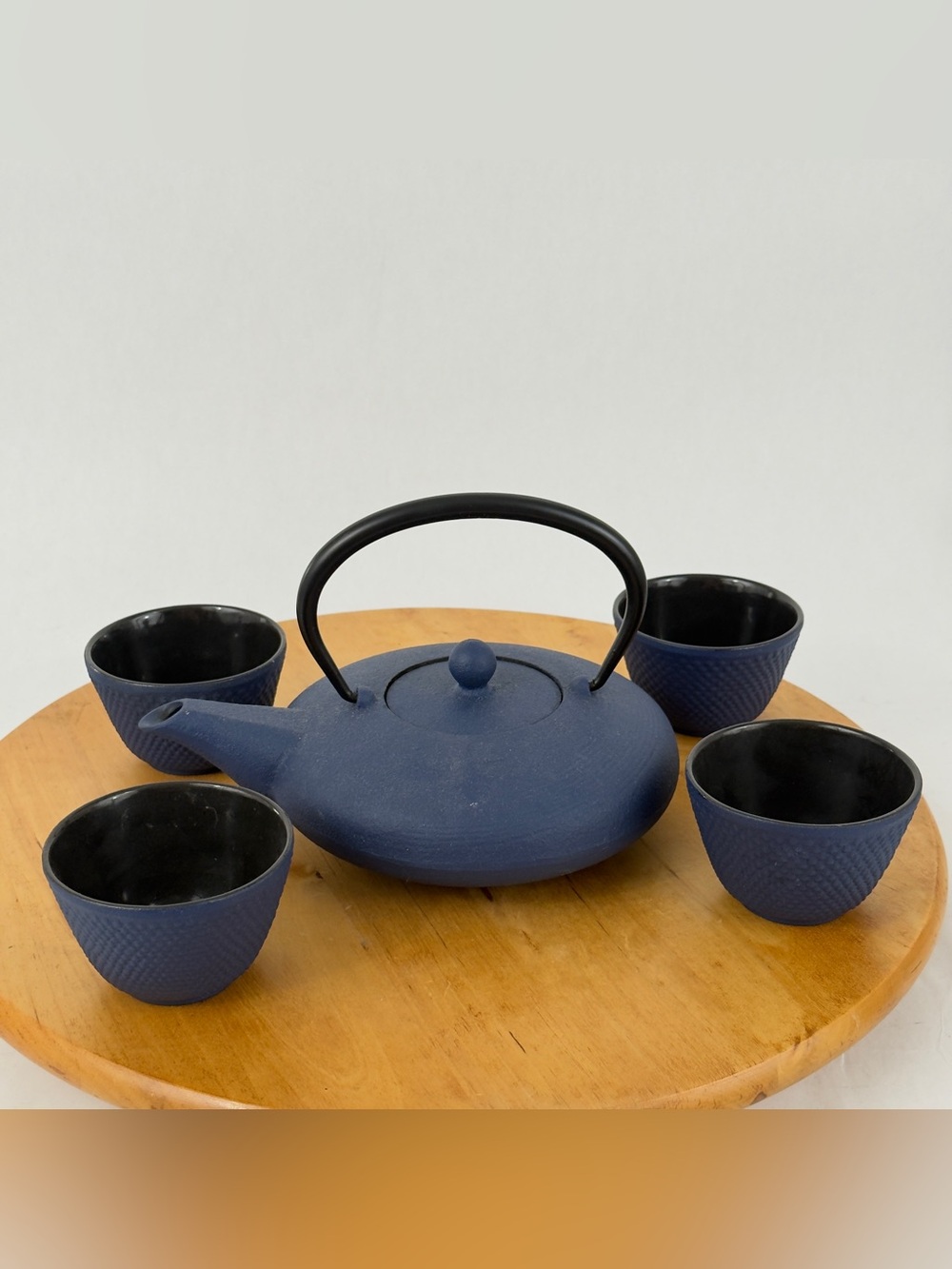 Vintage Japanese Kotobuki Black Cast Iron Tetsubin Tea Pot Set Matte Blue